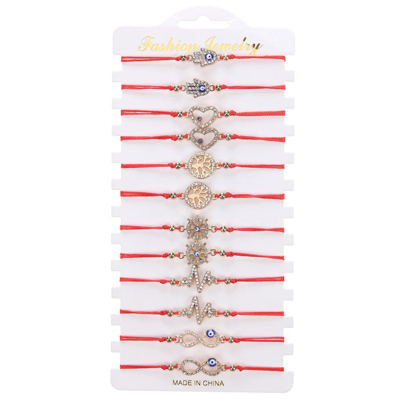 Braid Rope Bracelet Set Crystal Eyes Tree of Life Heart Pendant Charms