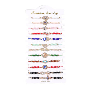 12pcs Multicolor Crystal Hamsa Hand Evil Eye Charm Bracelet