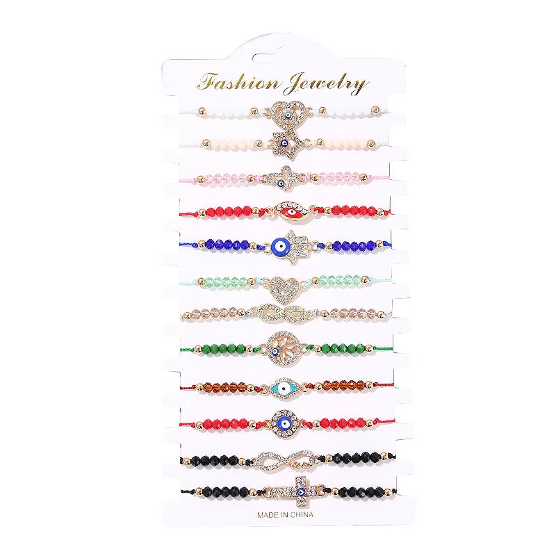 12pcs Multicolor Crystal Hamsa Hand Evil Eye Charm Bracelet