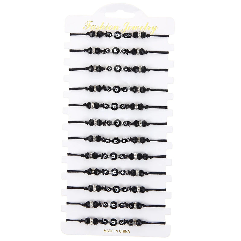 12pcs Multicolor Evil Eye Charms Bracelets Crystal Bead Adjustable Anklets