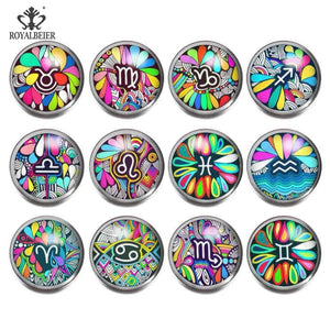 12pcs Glass Charms Constellation Zodiac 18MM Snap Button Bracelet Beads