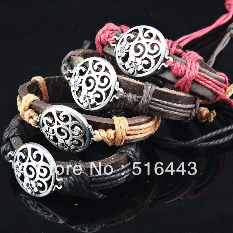 12pcs Leather Carving Flower Bracelets, Mens Womens Bangles A-763