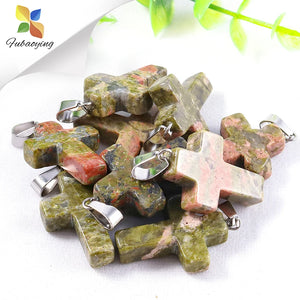 12pcs Natural Stone Charms Cross Necklace Set