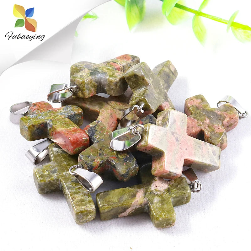 12pcs Natural Stone Charms Cross Necklace Set