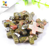 12pcs Natural Stone Charms Cross Necklace Set
