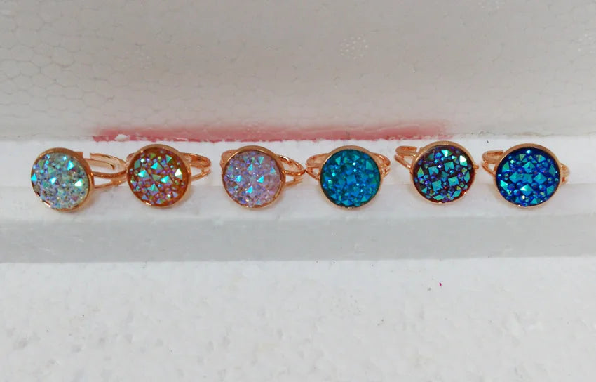 12pcs Assort 6 Colors Druzy Rings, 12mm Beads Ring Boho Jewelry
