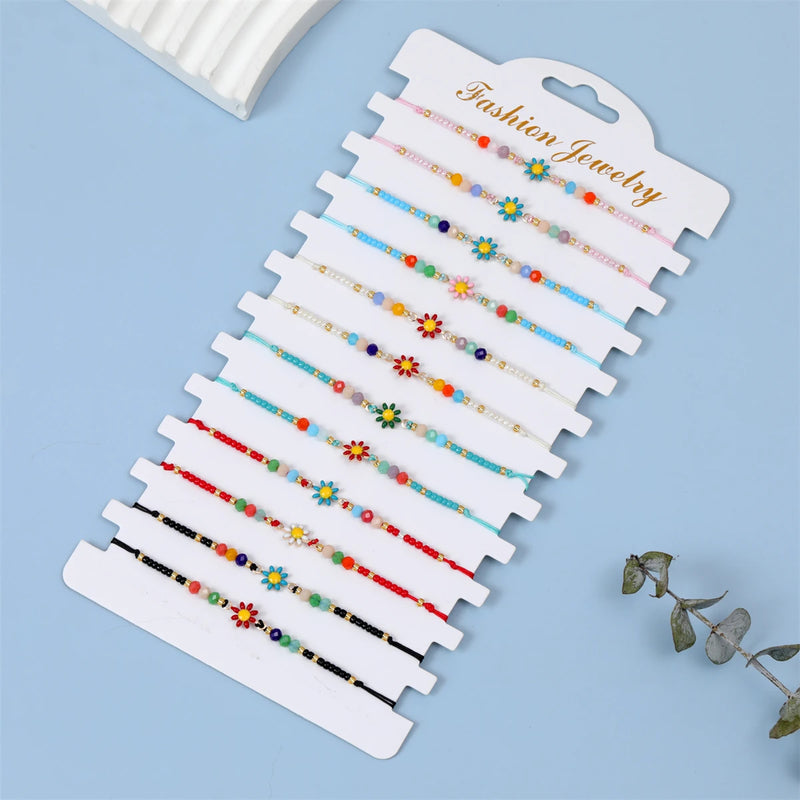 12pcs Colorful Flower Women Bead Bracelets Bohemian Adjustable Bangle Jewelry