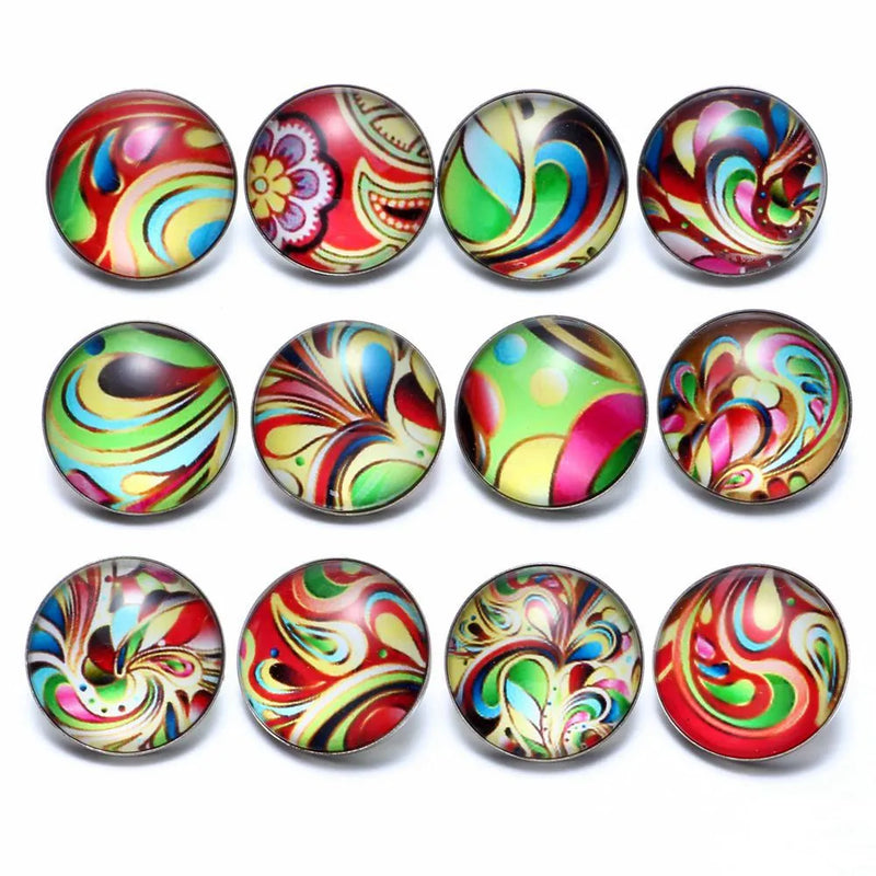 12pcs Painting Themes Glass Charms 18mm Snap Button Jewelry KZ0670