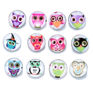 12pcs Owl Pattern Glass Snap Button Charms DIY Bracelet 18mm Snaps Jewelry