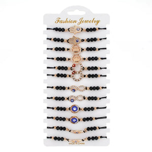 12pcs Woven Rope Chain Bracelet Set Crown Charms Crystal Beads for Women