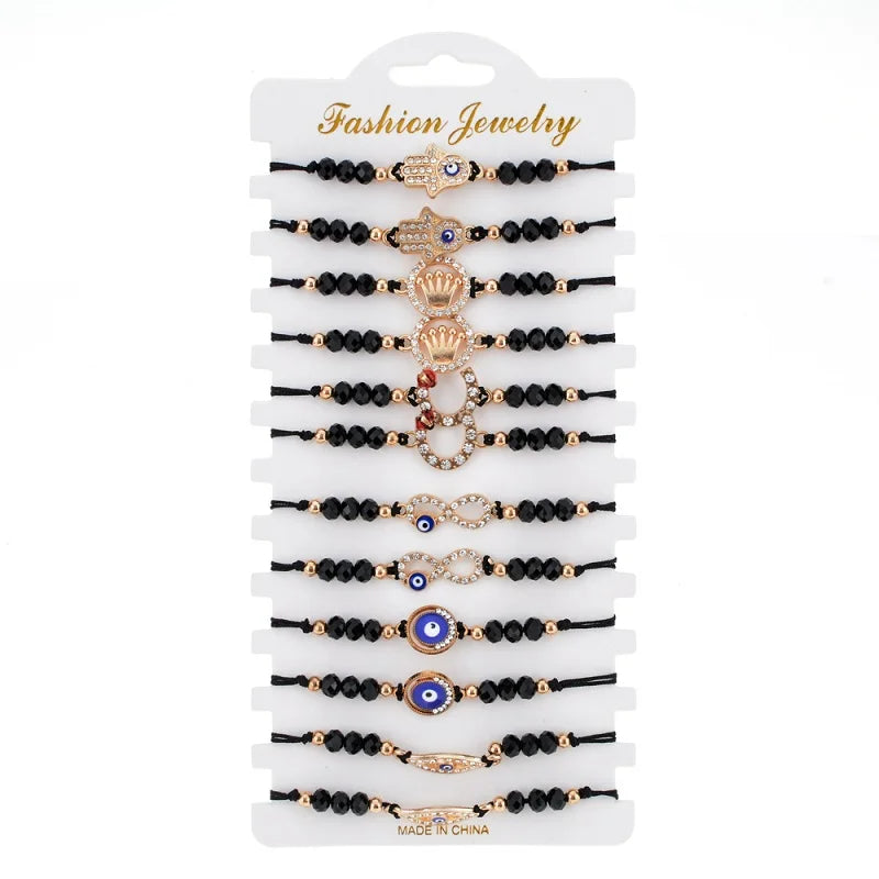 12pcs Woven Rope Chain Bracelet Set Crown Charms Crystal Beads for Women