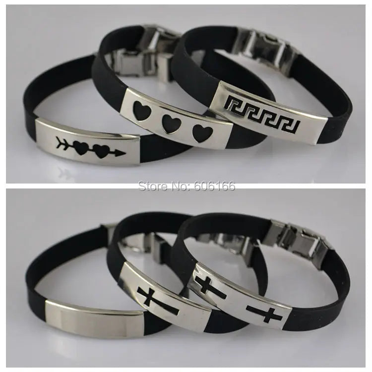 12pcs Silicone Bracelet Stainless Steel Buckle Mix Style Cross Heart Cupid
