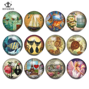 12pcs Mix Theme Pattern 18mm Snap Button Glass Charms Fit DIY Bracelet Snaps
