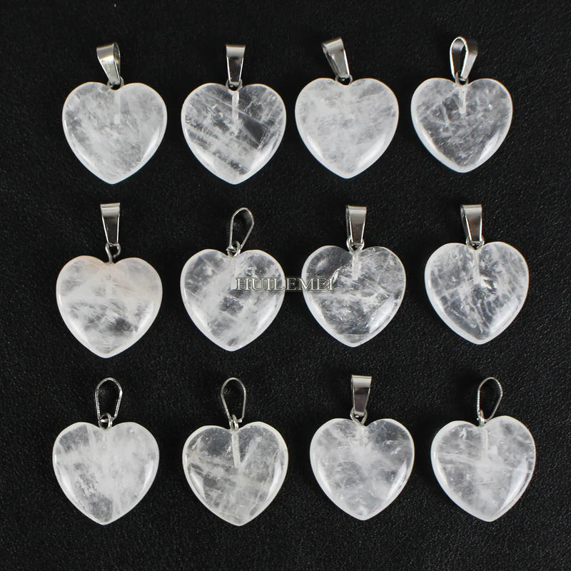 12pcs Natural Clear Quartz Heart Pendant Beads for Jewelry Making
