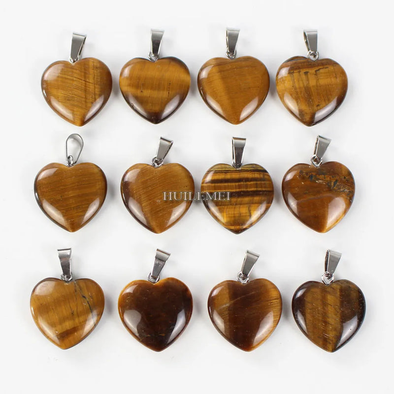 12pcs Tiger's Eye Heart Pendant Beads Natural Gemstone for Jewelry Making