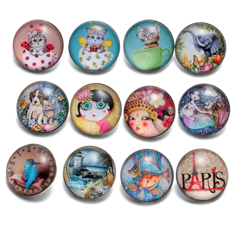 12pcs Girls Cats Glass Snap Button for Bracelet Snaps Jewel