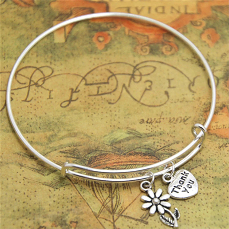 12pcs/lot Thank you Rose Charm Bracelet Bangle Adjustable Jewelry
