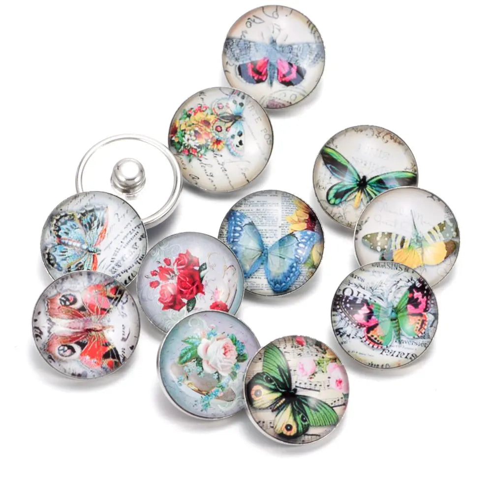 Vintage Butterfly Pattern Charms 18mm Glass Snap Button DIY Bracelet Jewelry