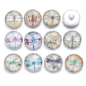 12pcs Dragonfly Pattern Charms 18mm Glass Snap Button For DIY Bracelet KZ0311