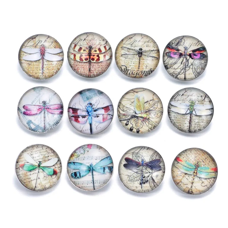 12pcs Dragonfly Pattern Charms 18mm Glass Snap Button For DIY Bracelet KZ0311