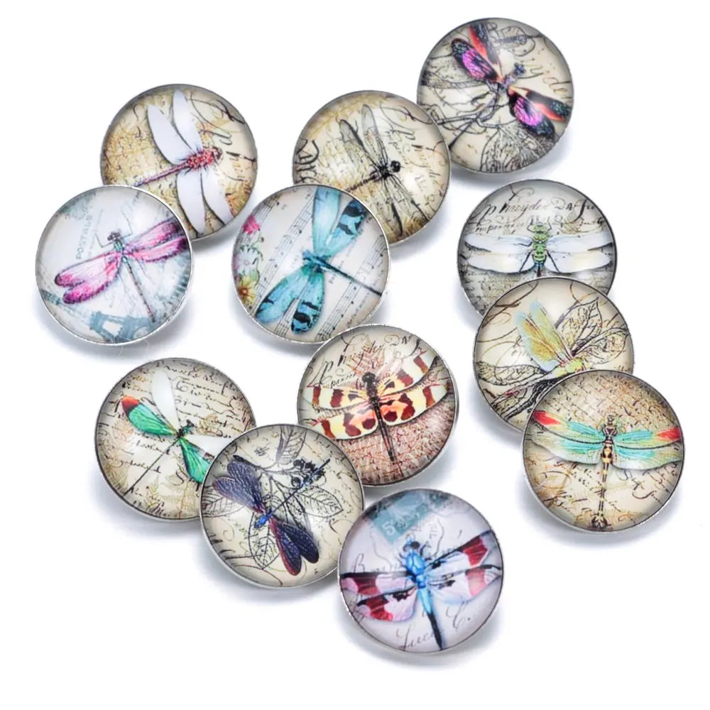 12pcs Dragonfly Pattern Charms 18mm Glass Snap Button For DIY Bracelet KZ0311