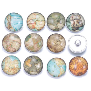 Vintage Sailing Map Glass Snap Button Charms 18mm DIY Bracelet Jewelry