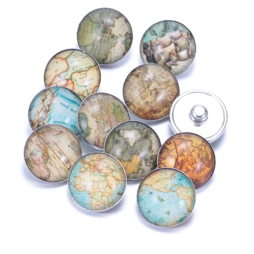 Vintage Sailing Map Glass Snap Button Charms 18mm DIY Bracelet Jewelry