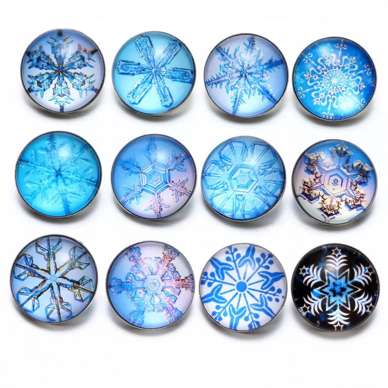 12pcs Snowflake Glass Charm 18mm Snap Button Jewelry For Bracelet KZ0549
