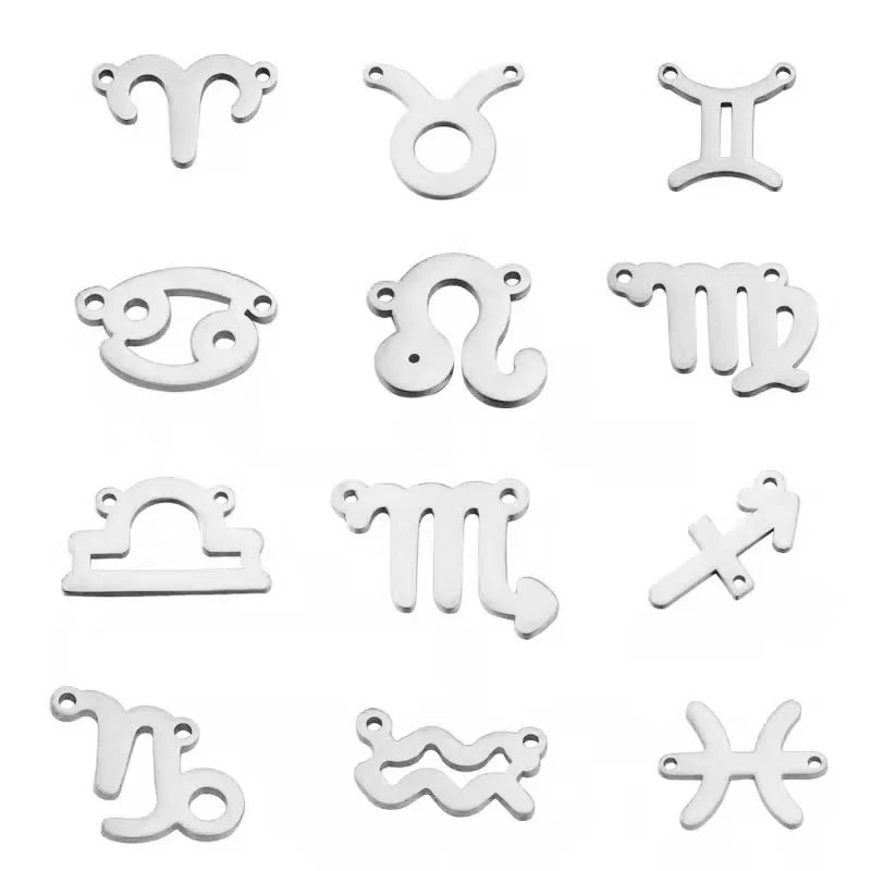 12pcs Stainless Steel Zodiac Signs Charms Two Holes Constellation Pendant