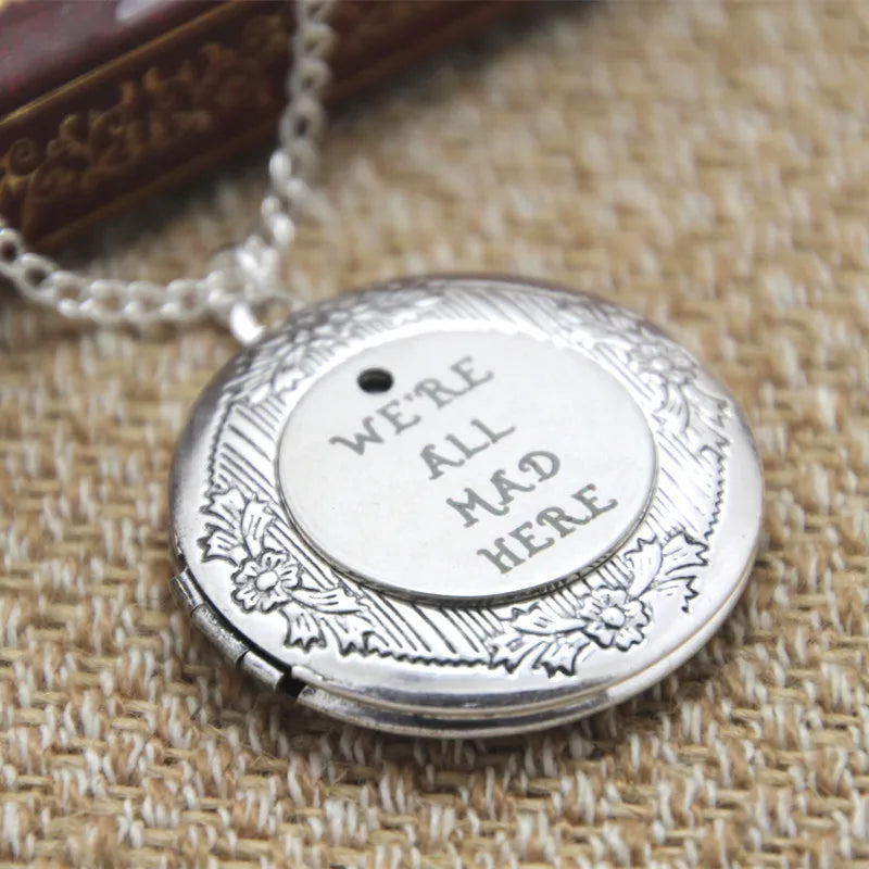 Alice in Wonderland Locket Necklace Silver Tone Jewelry
