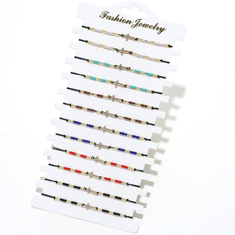 12pcs Cross Charm Bracelets Set Crystal Women Girls Adjustable Wristband Jewelry