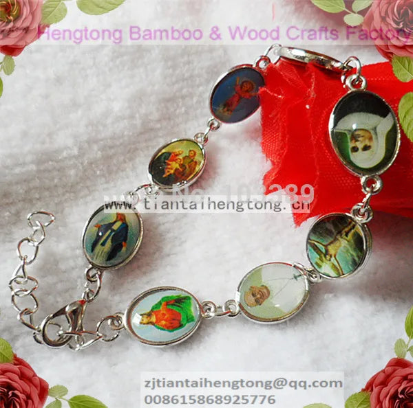 12pcs Metal Oval Alloy Bead Saint Bracelet with Double Side Saint Sticker