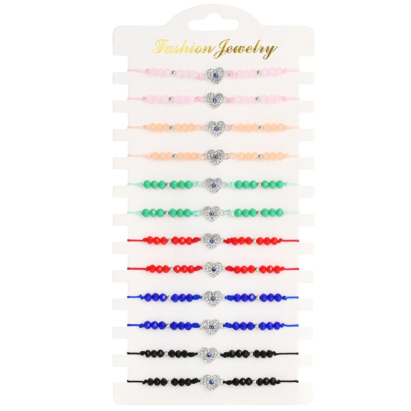 12pcs Eye Charm Bracelets Set Beaded Adjustable Rope Chain Jewelry