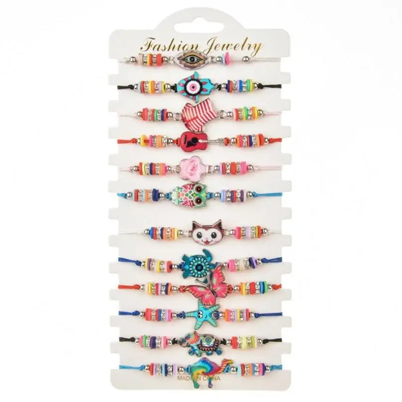 12pcs Animal Crystal Kids Bracelets Enamel Evil Eye Adjustable Rope