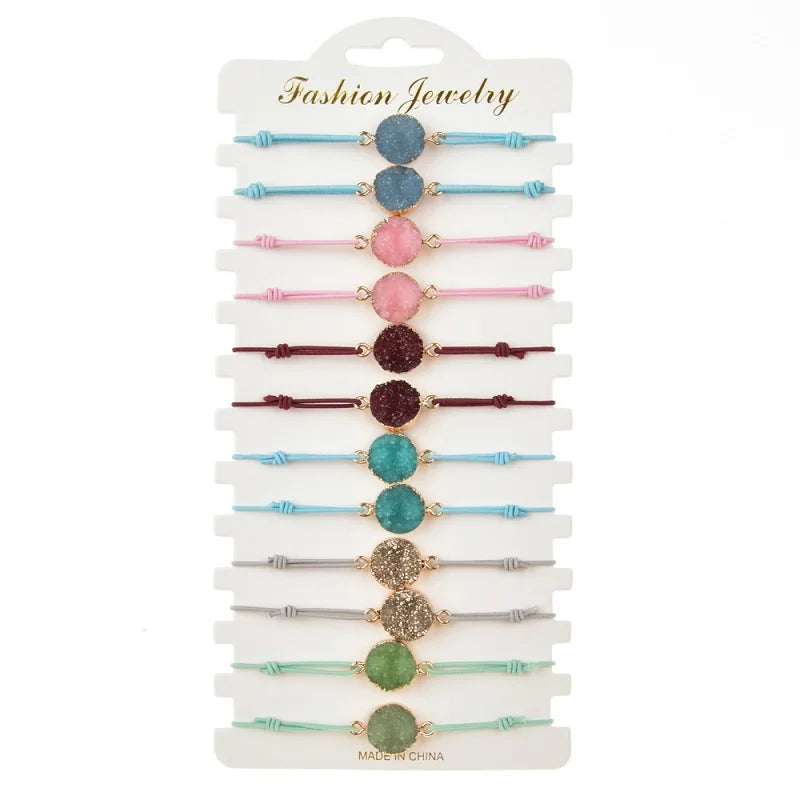 12pcs Round Druse Charm Bracelets Friendship Wristband Jewelry