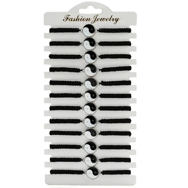 12pcs Yin Yang Charm Bracelets Sets for Women Men Adjustable Rope Chain Bracelet