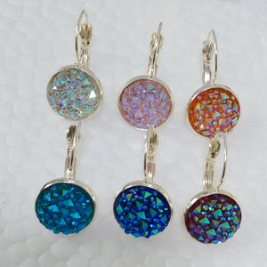 12mm Silver French Hook Bridal Druzy Earring, Orange Pink Bridesmaid Earrings