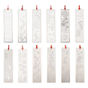 12pcs Stainless Steel Bookmarks w/ Polyester Tassel Rectangle Mixed Pattern