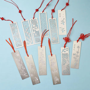 12pcs Stainless Steel Bookmarks w/ Polyester Tassel Rectangle Mixed Pattern