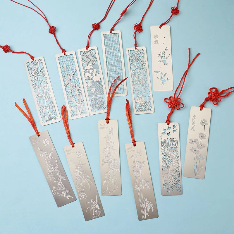 12pcs Stainless Steel Bookmarks w/ Polyester Tassel Rectangle Mixed Pattern