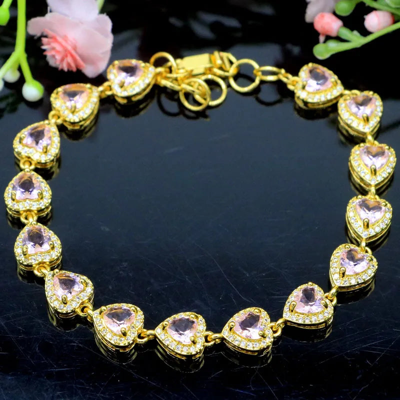 Lovely Pink Kunzite Heart Bracelet with CZ in Silver