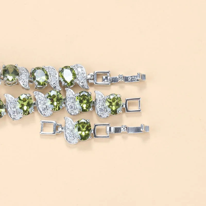 Green Cubic Zirconia 925 Mark Female Bracelet Bangle, Adjustable Length 18+3CM
