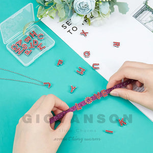 130pcs 8mm Zinc Alloy Charms Red Rhinestone Slide Letters for Bracelets