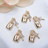 4PCS 8x14MM 24K Plated Brass Zircon Heart Key Charms Pendants DIY Jewelry