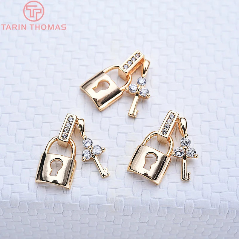 4PCS 8x14MM 24K Plated Brass Zircon Heart Key Charms Pendants DIY Jewelry
