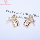 4PCS 8x14MM 24K Plated Brass Zircon Heart Key Charms Pendants DIY Jewelry