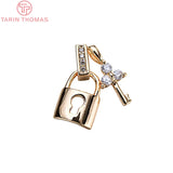 4PCS 8x14MM 24K Plated Brass Zircon Heart Key Charms Pendants DIY Jewelry