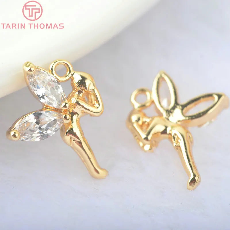 6PCS 24K Brass Zircon Fairy Charms Pendants DIY Jewelry Findings