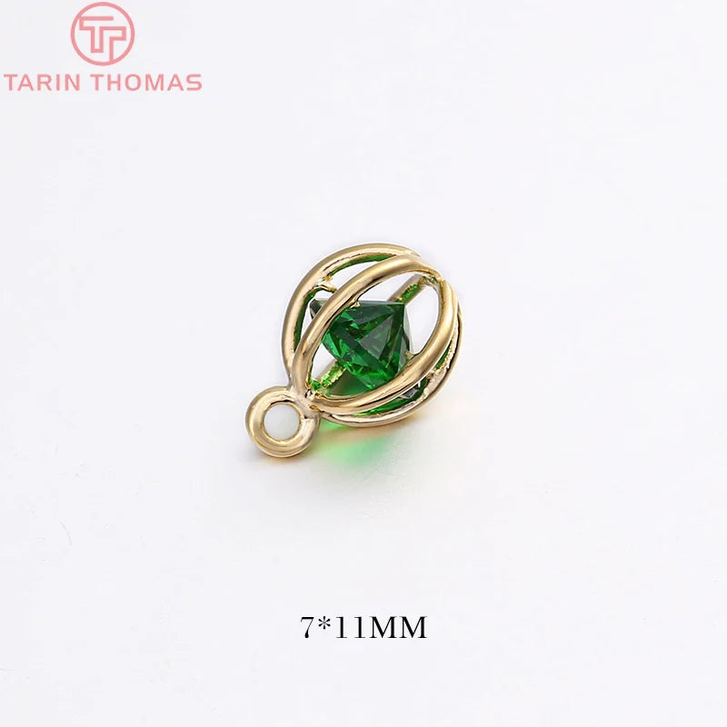6PCS 7x11MM Hole 1MM 24K Plated Brass Zircon Hollow Cage Charms Pendants