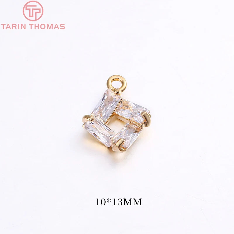 4PCS 10x13MM Square Charms Pendants 24K Plated Brass with Zircon DIY Jewelry